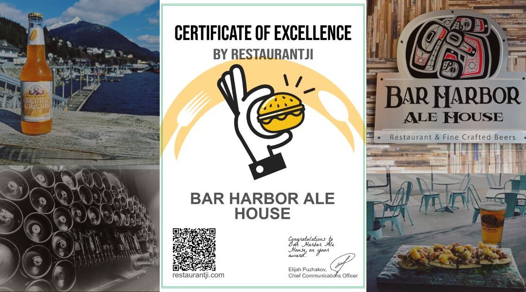 Restaurantji Certificate for Bar Harbor Ale House and scenic images of the restaurant and view.